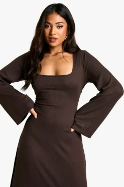 Maxi Dresses*boohoo Petite Rib Lace Up Flare Sleeve Maxi Dress chocolate