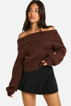 Jumpers|Knitwear*boohoo Petite Ribbed Bardot Balloon Sleeve Knitted Jumper chocolate