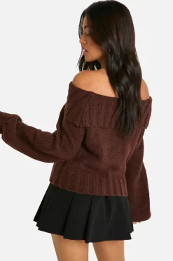 Jumpers|Knitwear*boohoo Petite Ribbed Bardot Balloon Sleeve Knitted Jumper chocolate