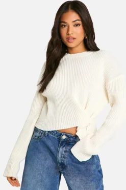 Jumpers|Jumpers & Cardigans*boohoo Petite Ribbed Button Waist Detail Jumper ivory