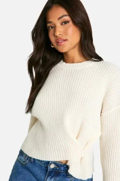 Jumpers|Jumpers & Cardigans*boohoo Petite Ribbed Button Waist Detail Jumper ivory
