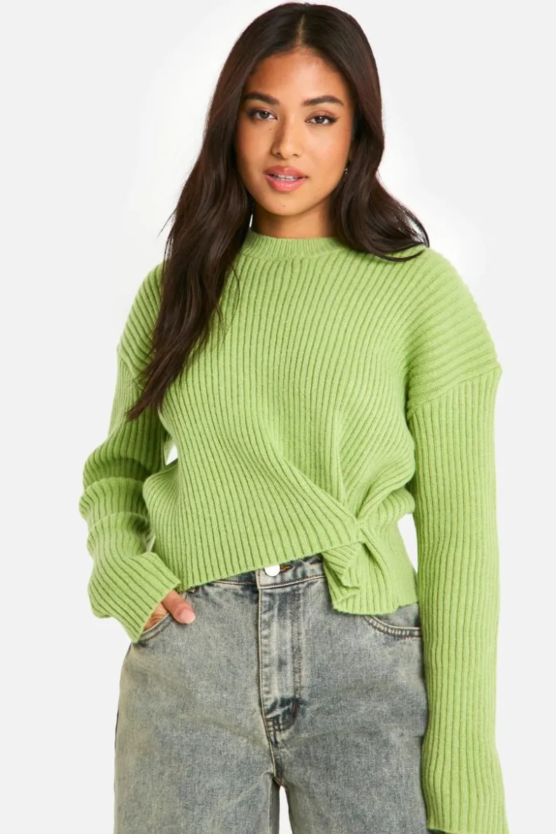 Jumpers|Jumpers & Cardigans*boohoo Petite Ribbed Button Waist Detail Jumper green