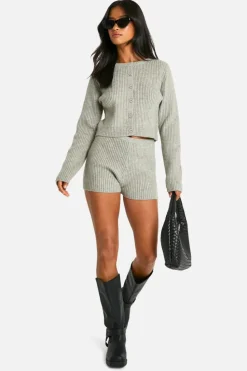 Cardigans*boohoo Petite Ribbed Cropped Cardigan And Micro Short Co Ord grey