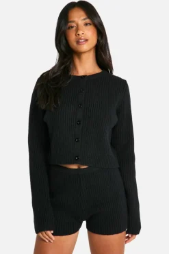 Cardigans|Co-Ord Sets*boohoo Petite Ribbed Cropped Cardigan And Micro Short Co Ord black