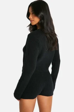 Cardigans|Co-Ord Sets*boohoo Petite Ribbed Cropped Cardigan And Micro Short Co Ord black