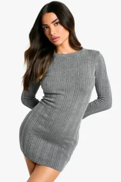 Jumper Dresses|Jumper Dresses*boohoo Petite Ribbed Flare Knitted Dress charcoal