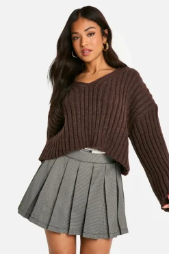 Jumpers|Jumpers & Cardigans*boohoo Petite Ribbed V Neck Cropped Knitted Jumper chocolate