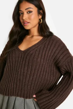 Jumpers|Jumpers & Cardigans*boohoo Petite Ribbed V Neck Cropped Knitted Jumper chocolate