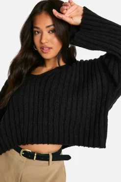 Jumpers|Jumpers & Cardigans*boohoo Petite Ribbed V Neck Cropped Knitted Jumper black