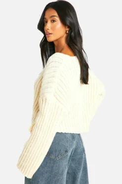 Jumpers|Jumpers & Cardigans*boohoo Petite Ribbed V Neck Cropped Knitted Jumper ivory