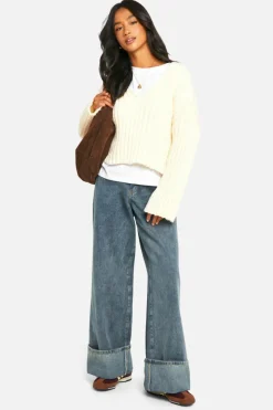 Jumpers|Jumpers & Cardigans*boohoo Petite Ribbed V Neck Cropped Knitted Jumper ivory