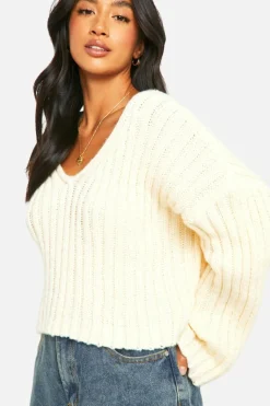 Jumpers|Jumpers & Cardigans*boohoo Petite Ribbed V Neck Cropped Knitted Jumper ivory