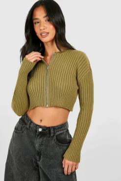 Cardigans*boohoo Petite Ribbed Zip Through Cropped Cardigan khaki