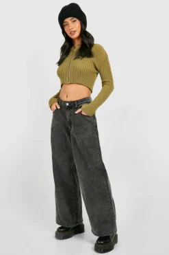 Cardigans*boohoo Petite Ribbed Zip Through Cropped Cardigan khaki