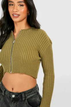 Cardigans*boohoo Petite Ribbed Zip Through Cropped Cardigan khaki