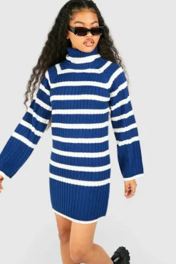 Jumper Dresses|Jumper Dresses*boohoo Petite Roll Neck Wide Sleeve Stripe Jumper Dress navy