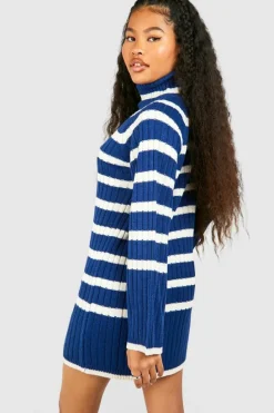 Jumper Dresses|Jumper Dresses*boohoo Petite Roll Neck Wide Sleeve Stripe Jumper Dress navy