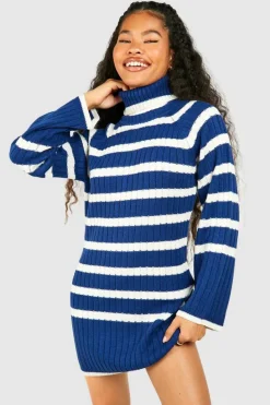 Jumper Dresses|Jumper Dresses*boohoo Petite Roll Neck Wide Sleeve Stripe Jumper Dress navy