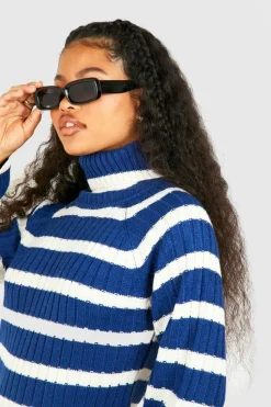 Jumper Dresses|Jumper Dresses*boohoo Petite Roll Neck Wide Sleeve Stripe Jumper Dress navy