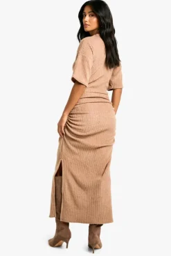 Maxi Dresses*boohoo Petite Ruched Soft Rib Maxi Dress camel