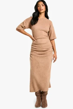Maxi Dresses*boohoo Petite Ruched Soft Rib Maxi Dress camel