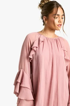 Smock Dresses*boohoo Petite Ruffle Flare Sleeve Mini Shift Dress blush