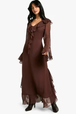 Maxi Dresses|Long Sleeve Dresses*boohoo Petite Ruffle Flare Sleeve Belted Chiffon Maxi Dress chocolate
