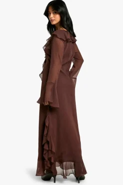 Maxi Dresses|Long Sleeve Dresses*boohoo Petite Ruffle Flare Sleeve Belted Chiffon Maxi Dress chocolate