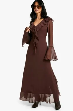 Maxi Dresses|Long Sleeve Dresses*boohoo Petite Ruffle Flare Sleeve Belted Chiffon Maxi Dress chocolate