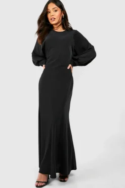 Maxi Dresses|Long Sleeve Dresses*boohoo Petite Satin Batwing Maxi Dress black