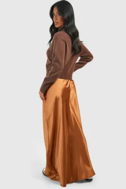 Jumper Dresses|Jumper Dresses*boohoo Petite Satin Mix Knitted Roll Neck Maxi Dress chocolate