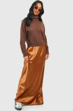 Jumper Dresses|Jumper Dresses*boohoo Petite Satin Mix Knitted Roll Neck Maxi Dress chocolate