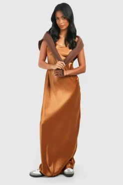 Jumper Dresses|Jumper Dresses*boohoo Petite Satin Mix Knitted Roll Neck Maxi Dress chocolate