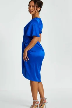 Wrap Dresses|Midi Dresses*Quiz Petite Satin Ruched Wrap Midi Dress Blue
