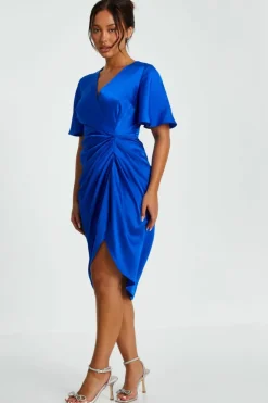 Wrap Dresses|Midi Dresses*Quiz Petite Satin Ruched Wrap Midi Dress Blue