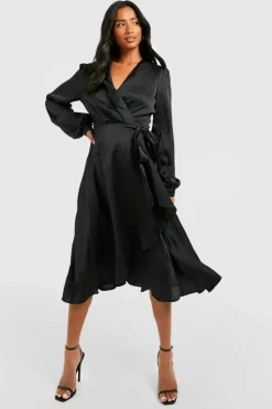 Wrap Dresses|Midi Dresses*boohoo Petite Satin Wrap Detail Midi Skater Dress black