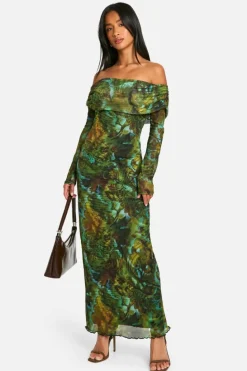 Bodycon Dresses|Maxi Dresses*boohoo Petite Script Print Mesh Bardot Maxi Dress dark green