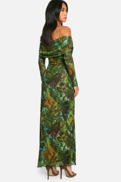 Bodycon Dresses|Maxi Dresses*boohoo Petite Script Print Mesh Bardot Maxi Dress dark green