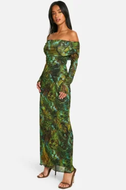 Bodycon Dresses|Maxi Dresses*boohoo Petite Script Print Mesh Bardot Maxi Dress dark green