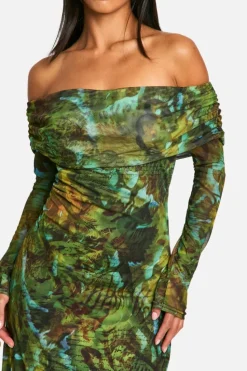 Bodycon Dresses|Maxi Dresses*boohoo Petite Script Print Mesh Bardot Maxi Dress dark green