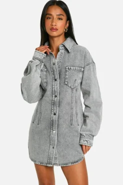 Shirt Dresses*boohoo Petite Seam Detail Fitted Denim Shirt Dress grey