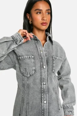 Shirt Dresses*boohoo Petite Seam Detail Fitted Denim Shirt Dress grey