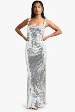 Maxi Dresses*boohoo Petite Sequin Cut Out Maxi Dress silver