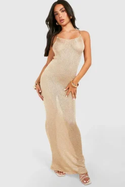 Jumper Dresses|Jumper Dresses*boohoo Petite Sequin Knit Strappy Maxi Dress gold