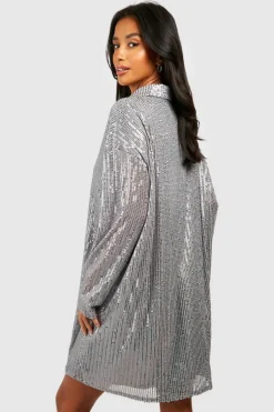 Shirt Dresses*boohoo Petite Sequin Shirt Dress silver