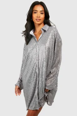 Shirt Dresses*boohoo Petite Sequin Shirt Dress silver