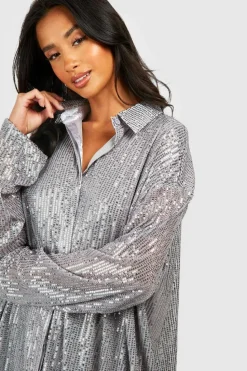 Shirt Dresses*boohoo Petite Sequin Shirt Dress silver