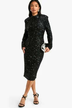 Midi Dresses*boohoo Petite Sequin Shoulder Pad Backless Midi Dress black