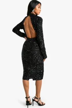 Midi Dresses*boohoo Petite Sequin Shoulder Pad Backless Midi Dress black