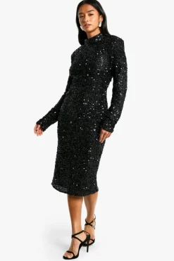 Midi Dresses*boohoo Petite Sequin Shoulder Pad Backless Midi Dress black